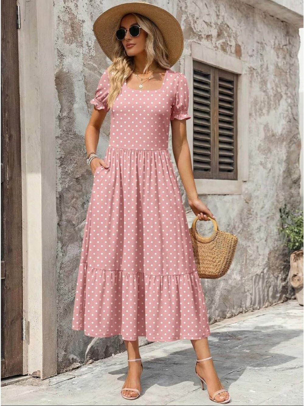 Zeagoo Women's Pink Dot Floral Flowy Casual Short Sleeve Tiered Midi Maxi Dress - Picture 2 of 6